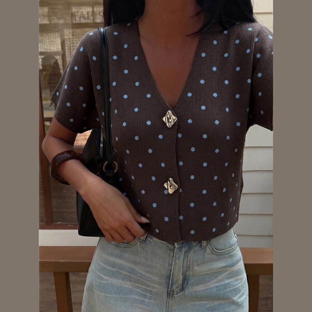 Brown / Blue Polka Dot Knit V Neck Diamond Button Short Sleeve Cardigan